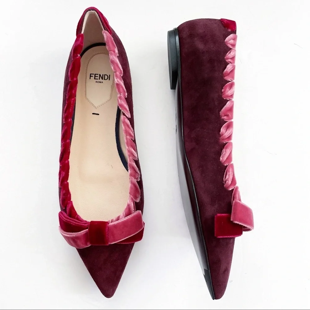 FENDI Velvet-trimmed suede point toe flats 35.5 burgundy wine red ribbon laced